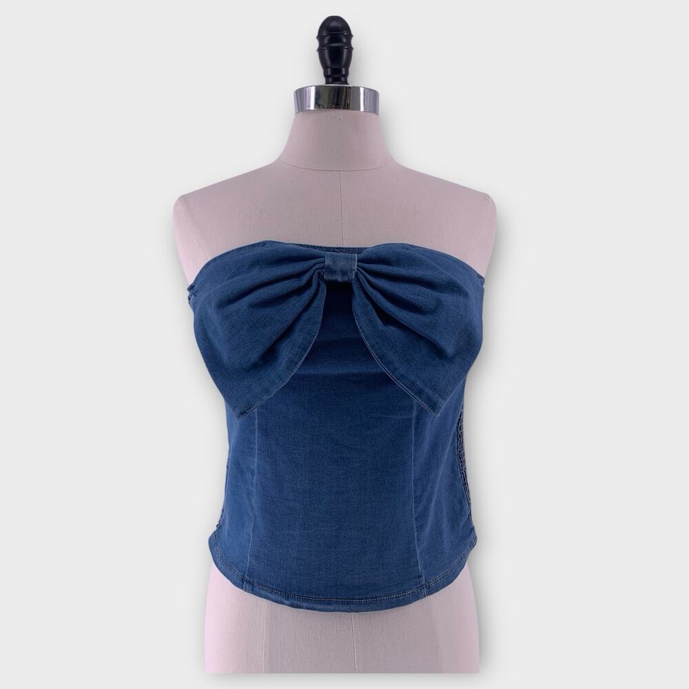 Denim Bustier Crop Top Blue Corset Style Bow Smocked Y2K Coachella M